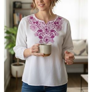 Embroidered White and Pink Women's Top